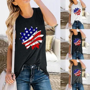 Women Independence Day Sunflower American Flag Print Tank Top Round Neck Sleeveless Casual Polyester Summer Top