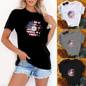 Top de Manga Corta con Cuello Redondo para Mujer con Estampado de Girasol y Bandera Americana del Día de la Independencia Camiseta Casual