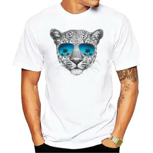 Men's casual white short sleeve t-shirt featuring a cool leopard print graphic on the chest.
