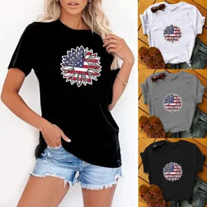 Women Independence Day Sunflower American Flag Print T-Shirt Round Neck Short Sleeve Polyester Casual Top For Women