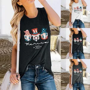 Independence Day Gnomes Tank Top For Women America 2021 Graphic Sleeveless T-Shirt Patriotic Printed Round Neck Casual Summer Vest Top