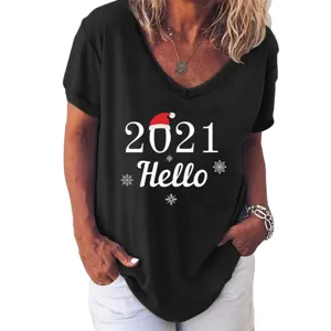 Women short sleeve V-neck black top with festive 2021 Hello Christmas graphic print casual wear.