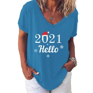 Blue v-neck short sleeve t-shirt detail showing front christmas 2021 hello print.