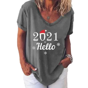 Close-up of the gray V-neck short sleeve t-shirt featuring a festive 2021 Hello print.