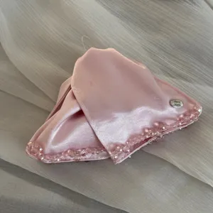 Pink satin triangle hair claw clip featuring delicate bead fringe for women daily wear.