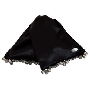 Black satin triangle hair scarf with beaded fringe elegant handmade headwear accessory