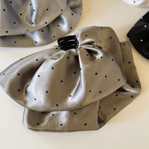 Vue détaillée de la pince à cheveux en satin à pois français avec une texture douce et élégante.