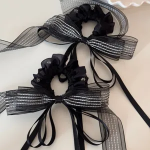 Elegante Zwarte Organza Strik Haar-Scrunchie Lint Lange Staart Haarelastiek Mode Paardenstaart Houder Haaraccessoires Voor Vrouwen