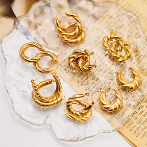 Chunky twisted gold hoop earrings for women, 18k gold plated stainless steel jewelry.