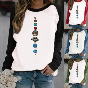 Sweat à Capuche Décontracté pour Femmes Doublé Polaire Manches Raglan Imprimé Planètes Système Solaire Pull Patchwork Couleur Top