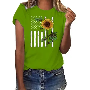 Women green short sleeve t-shirt casual crewneck american flag sunflower graphic tee top