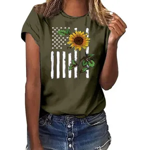 Army green short sleeve t-shirt with American flag sunflower print detail close up shot