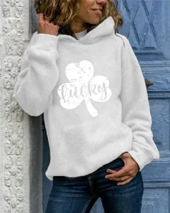 Women casual grey long sleeve hooded sweatshirt with cute lucky clover print and front pocket.