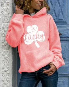 Detailed view of women casual long sleeve hooded sweatshirt with cute lucky clover graphic print.