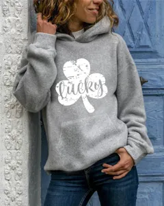 Grey casual hooded sweatshirt with lucky clover graphic and long sleeves for everyday wear.