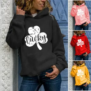 Women's Casual Polyester Long Sleeve Pullover Hoodie Lucky Clover Printed Sweatshirt With Kangaroo Pocket Urban Streetwear