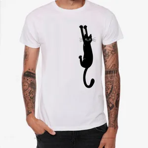 Men's short sleeve white t-shirt featuring a cute black cat hanging print, casual wear.