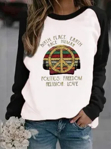 Felpa casual invernale con maniche raglan e grafica vintage con simbolo della pace