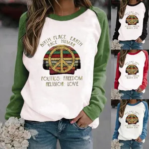 Felpa da Donna Casual con Maniche Raglan in Pile Stampata Segno della Pace Pullover Invernale Caldo Poliestere Top Streetwear