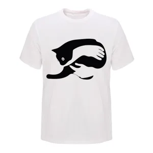 Close-up detail of the creative black cat and hands graphic print on white t-shirt.