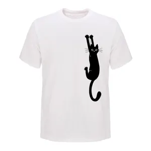 Men's white short sleeve t-shirt featuring a cute cartoon hanging cat print design casual top.
