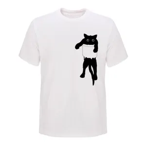 Close-up view of the funny black cat pocket graphic print on the white short sleeve t-shirt.