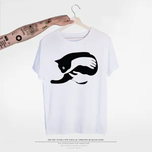 Men white short sleeve t-shirt with cute black cat graphic print casual top summer