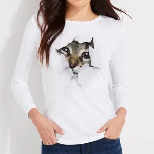Detailed view of the 3D cat print on the white long sleeve t-shirt, showing vivid graphics.