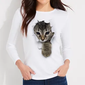 Close-up view of the 3D realistic tabby cat print graphic on white long sleeve top.