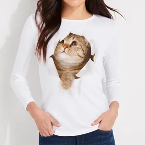 Women white long sleeve t-shirt featuring a cute 3D torn cat print casual cotton top.