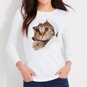 Women white long sleeve t shirt cute 3d cat print casual top casual daily wear apparel