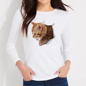 Women's cute 3D cat print long sleeve t-shirt casual white cotton top for daily wear
