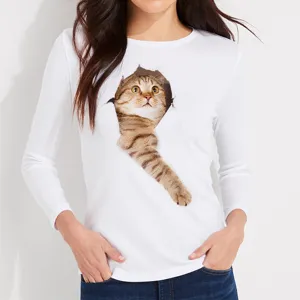 Detailed view of white long sleeve t-shirt featuring creative 3d cute cat print design.