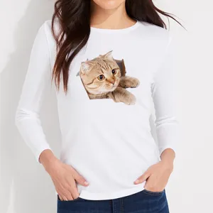 Women white long sleeve t-shirt featuring cute 3D cat print detail for daily casual wear style.