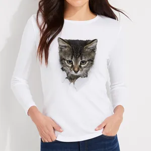 Women 3D Cat Print Long Sleeve T-Shirt Casual White Tee Top Fashion Apparel New!