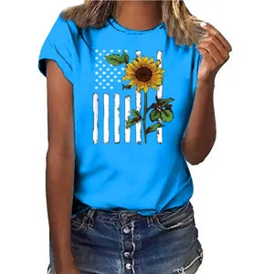 Close-up detail of women short sleeve tee with American flag sunflower graphic print.