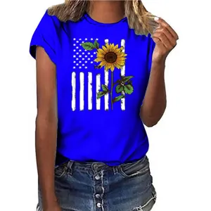 Women blue short sleeve t-shirt featuring American flag and sunflower print casual top.