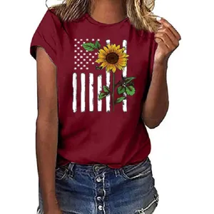 Close up detail of women casual t-shirt featuring American flag sunflower print graphic.
