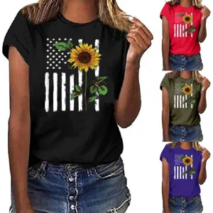 Women Sunflower American Flag Print T-Shirt Round Neck Short Sleeve Polyester Casual Summer Top Lightweight Daily Wear Shirt