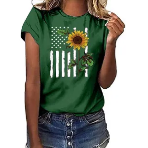 Women short sleeve t-shirt casual summer top with american flag sunflower graphic print