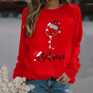 Christmas wine glass print long sleeve crewneck red sweatshirt festive holiday apparel