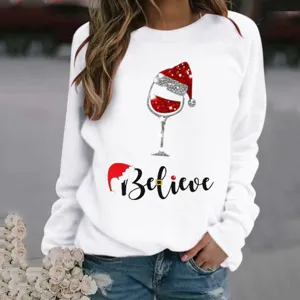 Christmas print long sleeve crewneck sweatshirt with festive wine glass graphic design.