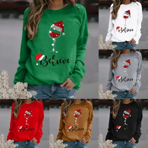 Women's Christmas Sweatshirt Believe Wine Glass Graphic Print Long Sleeve Round Neck Polyester Streetwear Pullover Festive Casual Top