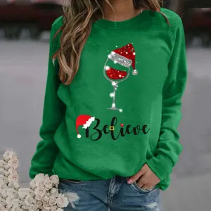 Green Christmas Sweatshirt Women Long Sleeve Believe Wine Glass Graphic Crewneck Pullover