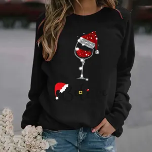 Christmas wine glass print long sleeve crewneck black sweatshirt for women casual holiday top