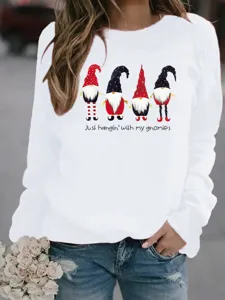 Detail view of women's Christmas gnome graphic fleece pullover sweatshirt in white.