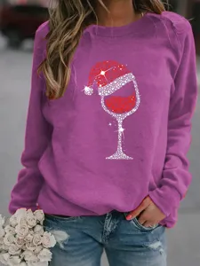Christmas wine glass rhinestone print crewneck long sleeve purple sweatshirt for women