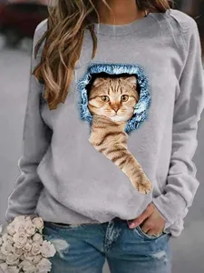 Sudadera informal gris de manga larga para mujer con forro polar y bonito estampado de gato en 3D.