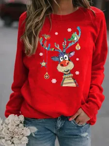 Natale renna stampa felpa donna casual maniche lunghe girocollo top rosso inverno caldo