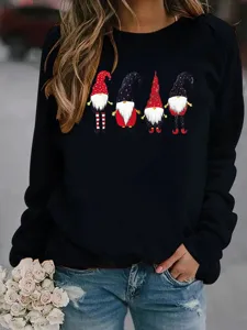 Detailed view of casual black sweatshirt featuring cute gnome graphic and long sleeves.